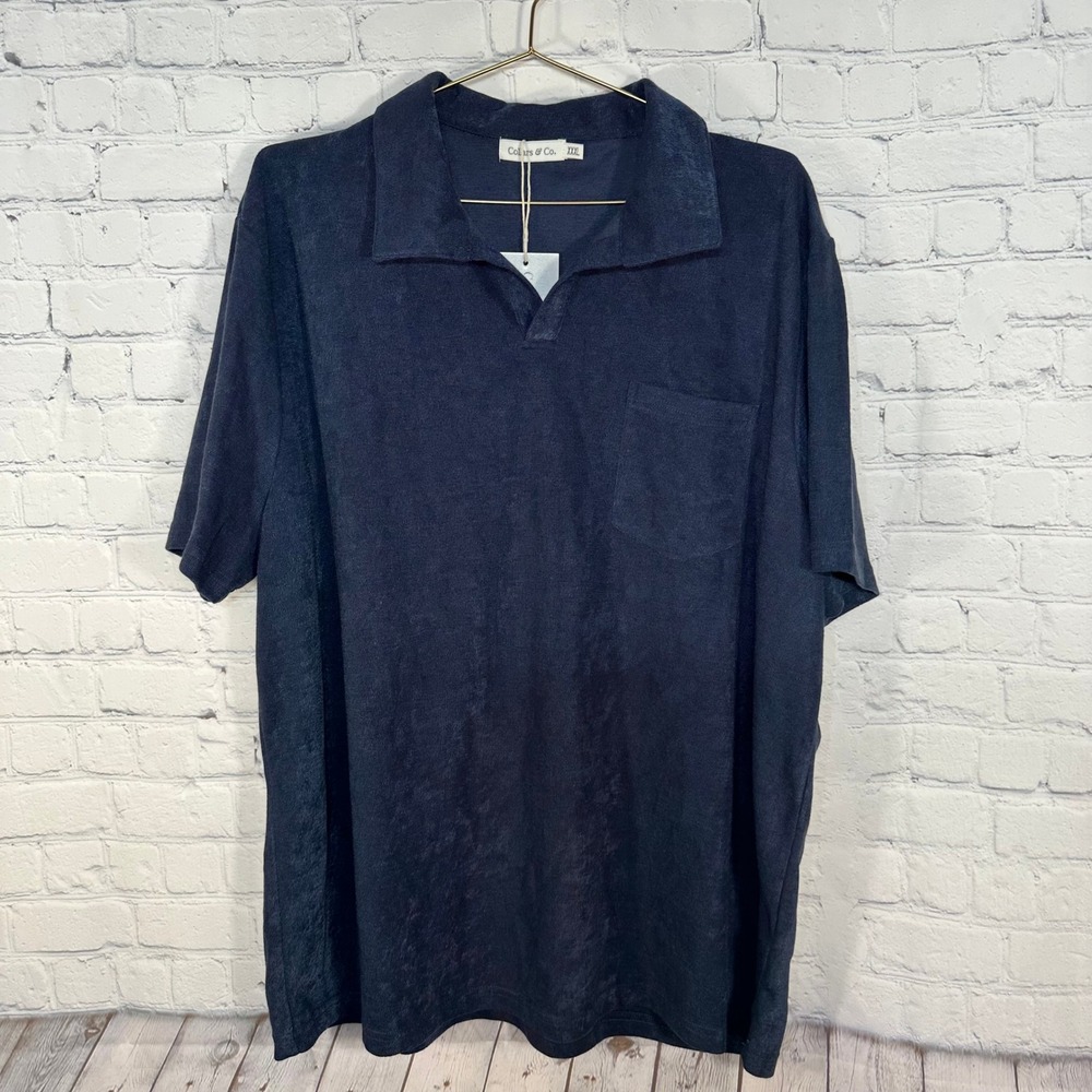 New Collars & Co Mens Navy Blue Riva Terry Knit Short Sleeve Polo Shirt XXXL